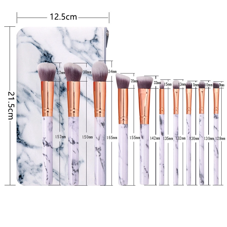 Custom Logo Fee Sample Latest Fads Plastic Synthetic Hair 10 PCS Marble Makeup Brush Set with Bag